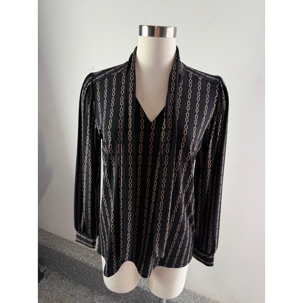 Ann Taylor Petite Small Black Chain Link Print Tie Neck Blouse Long Sleeve Top
